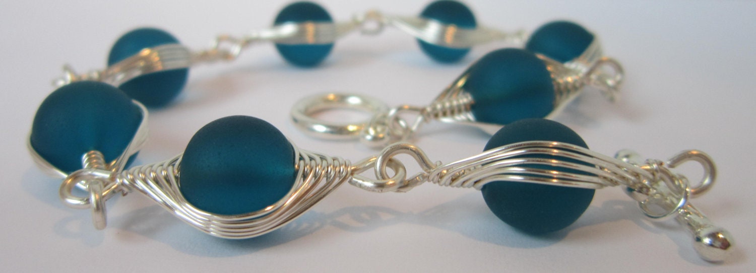 Aquamarine Sea Glass And Silver Wire Link Bracelet - Beach Glass, Herringbone Metal Weave, Wire Weave, Artsy, Intricate