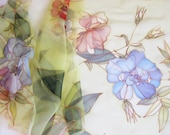 Long silk chiffon scarf Hand painted Spring fashion Lime green blue red flowers - made TO ORDER - DEsilk