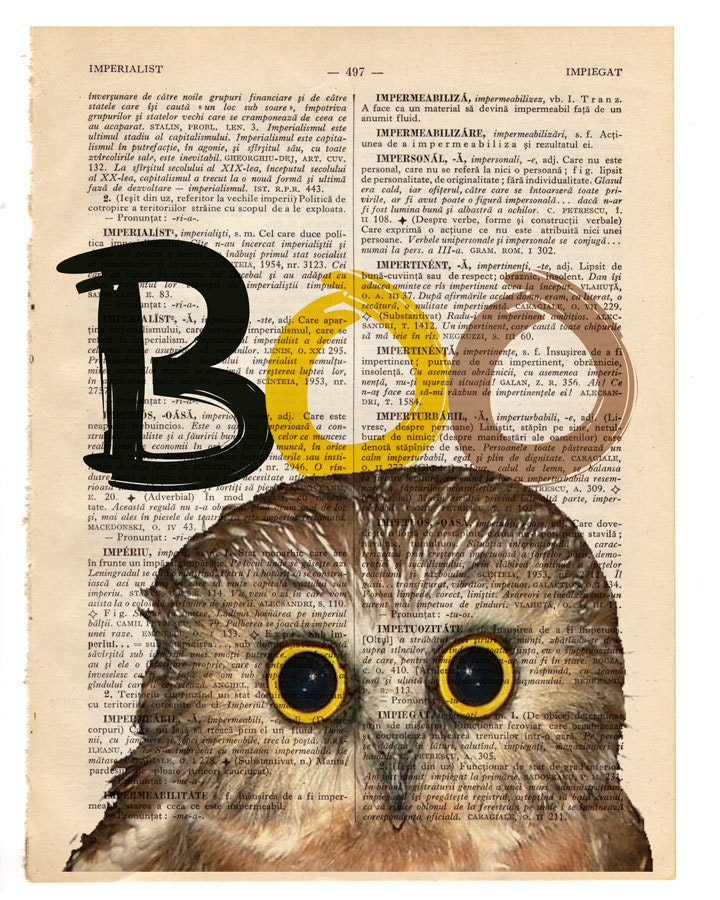 Halloween Owl Boo Illustration on salvaged vintage page book art print, halloween signage indoor outdoor poster