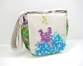 Bird Messenger Bag, Small Messenger Bag, Cross Body Satchel, Echino Japanese Fabric Bird Print, Ready to Ship