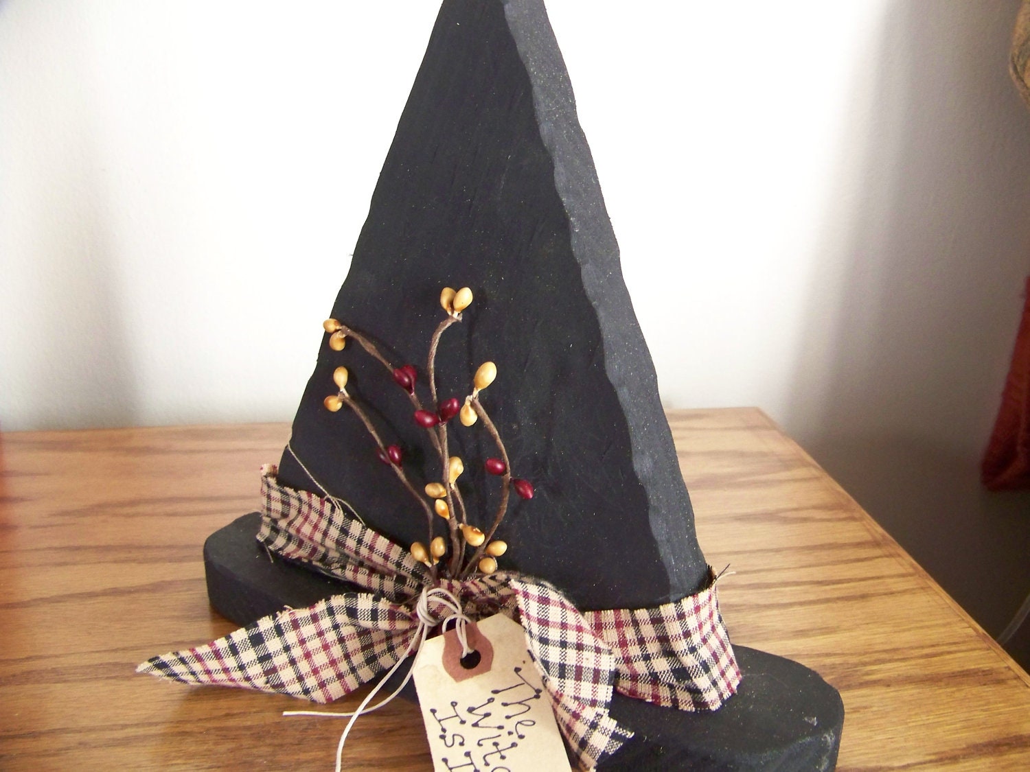 Primitive Wood Witch Hat with Burgundy and Black Band and Pip Berries