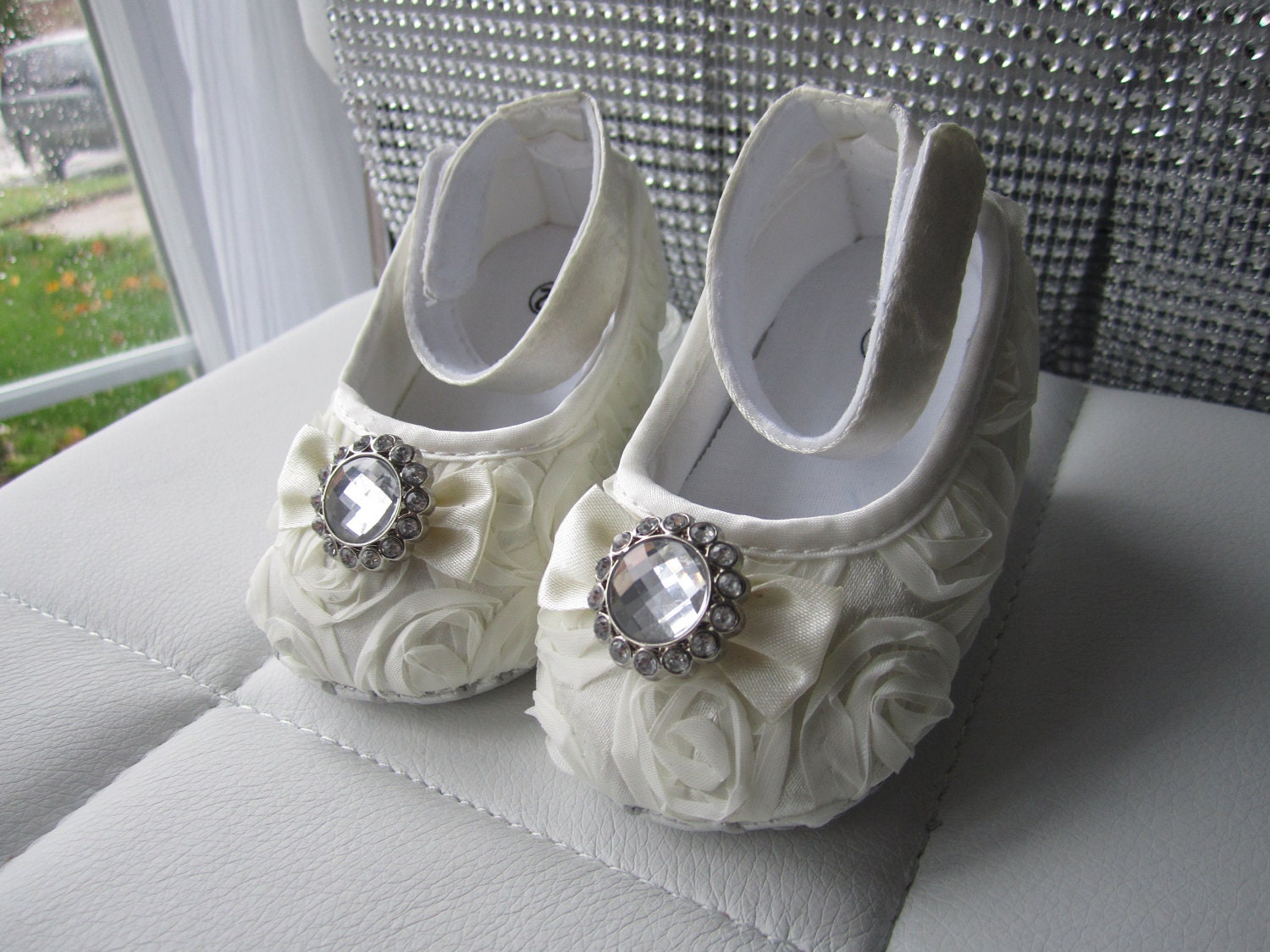 Baby Crib Shoes, Ivory, Satin, Rosette, Baby Shoes, Baptism Shoes, Wedding, Christening Shoes, Sparkle, Fancy Shoes, Soft Shoes, Easter