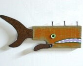 Whimsical found object wood fish art, Orange RUFFIAN 2