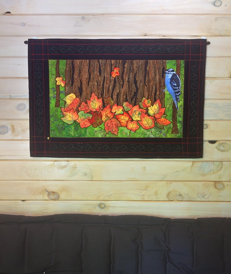 Quilted Fall Wall Hanging, Fiber Art Quilt, Leaves