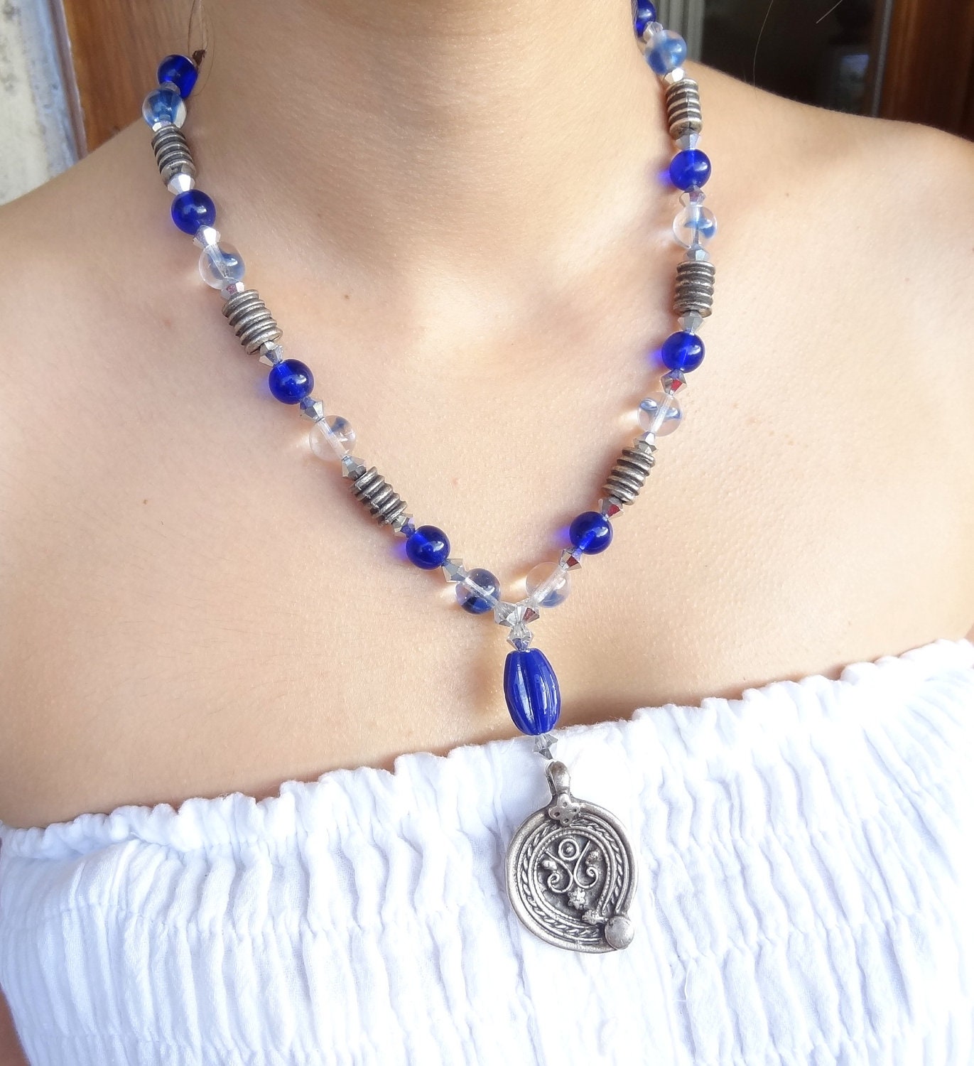 cobalt blue  glass beads  necklase- silver plated swarovski crystal, OOAK, Valentines,