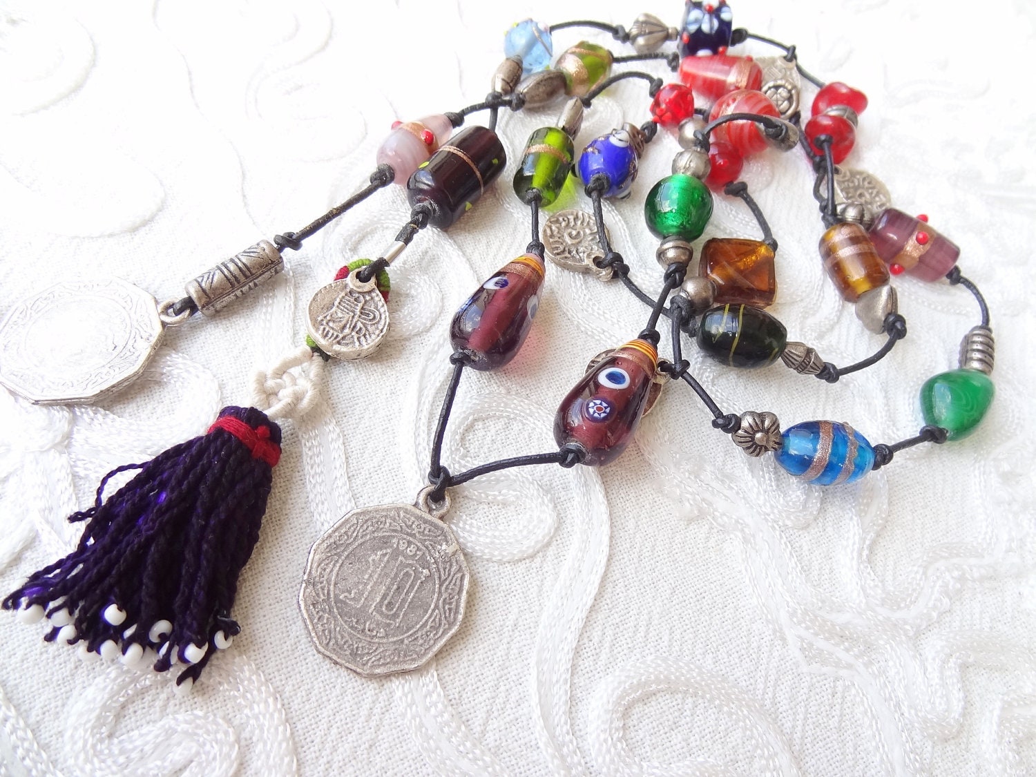 Afghan Bead Tassel Glass Beads Leather Rope Necklace or Belt-Authentic, Exotic Necklace, OOAK, Valentines,