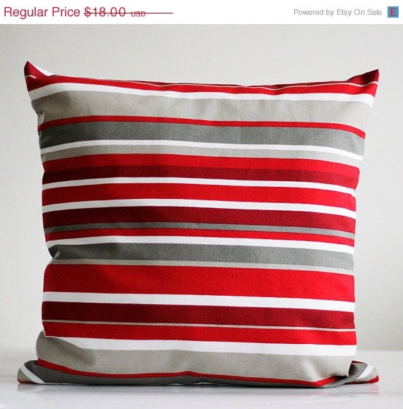 ON SALE Pilow case16x16 natural cotton fabric. Red grey and white stripes.