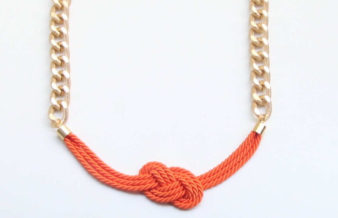 Gold Chunky Chain with orange silk knot necklace - 24k gold plated - Statement bib