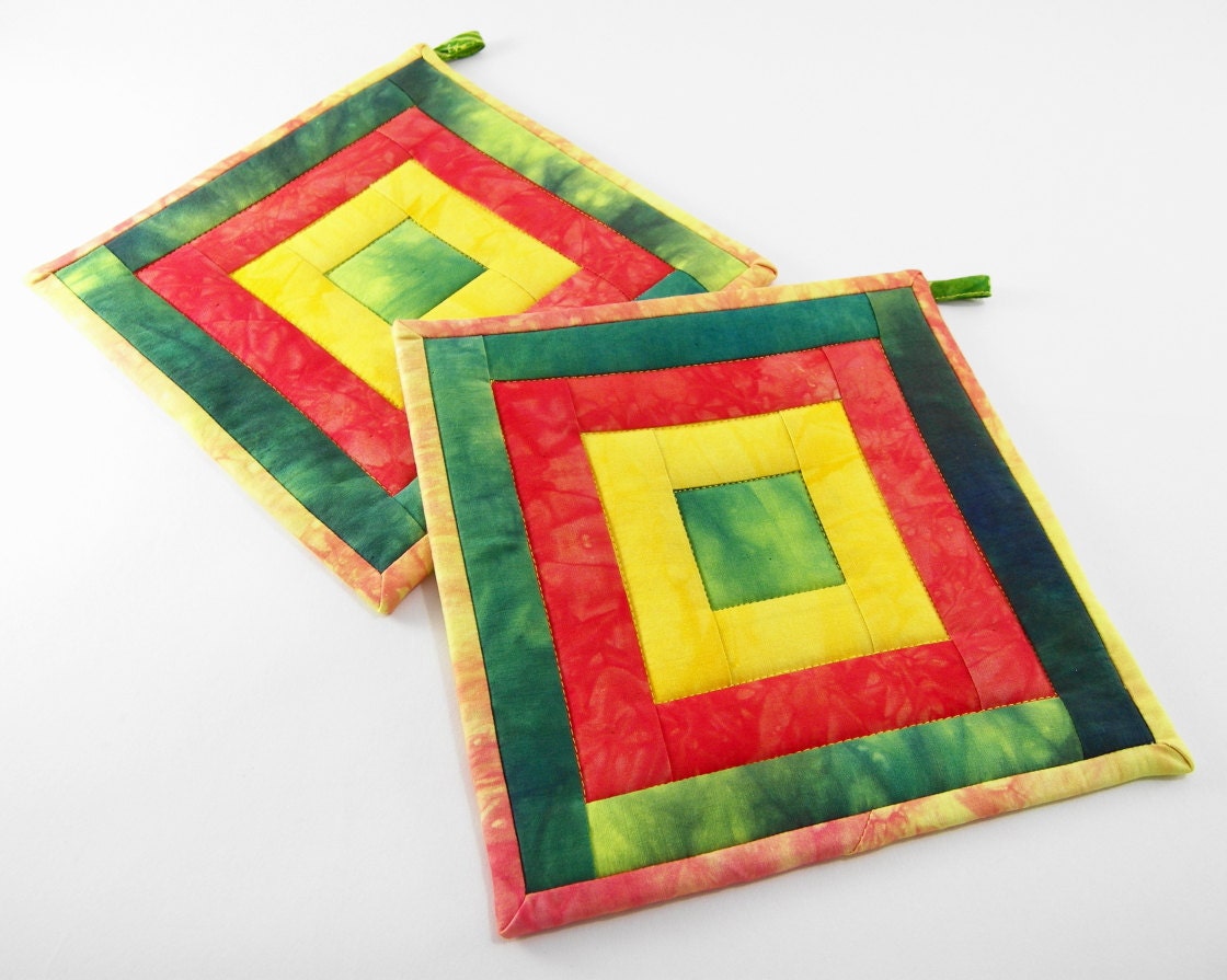 Quilted Potholders, Fabric Hot Pads in Citrus Lime Green, Tangerine Orange and Lemon Yellow Hand Dyed Cotton