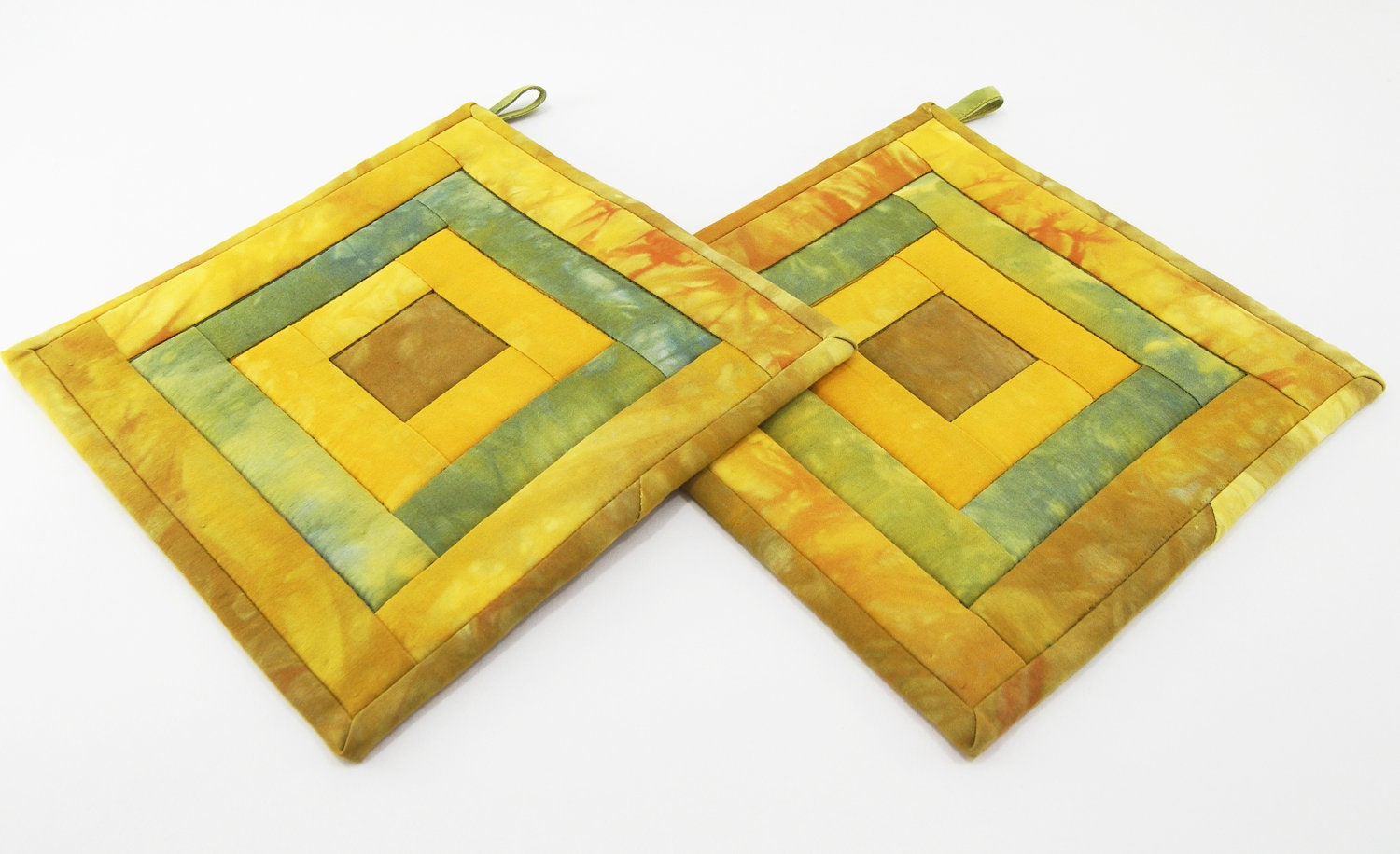 Fabric Hot Pads - Golden Yellow, Green and Bronze Tan Quilted Pot Holders