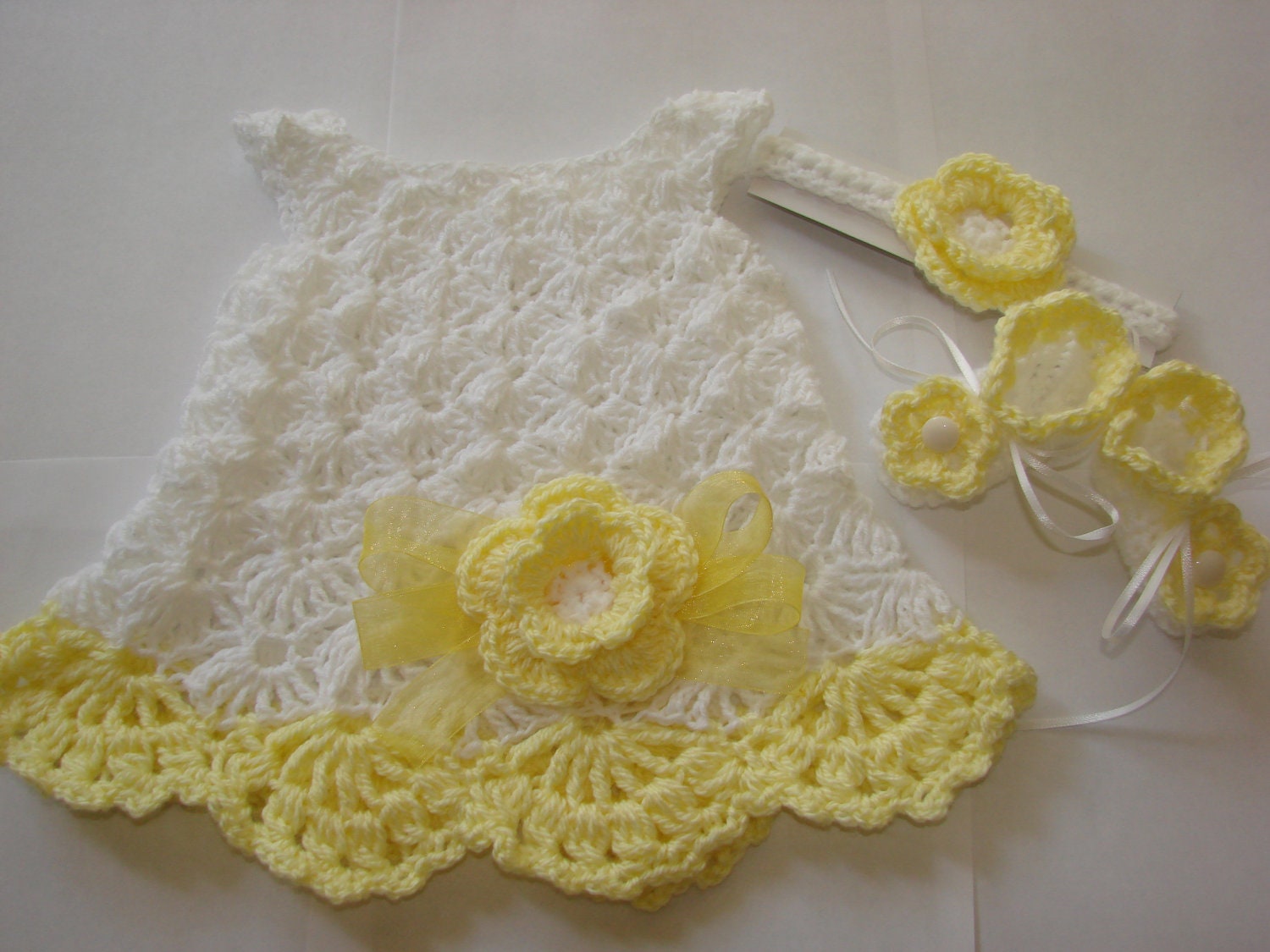 Baby Girl Flower Dress, Headband and Booties Set 0-4 M Yellow White Newborn Hand Crochetted Shower Gift