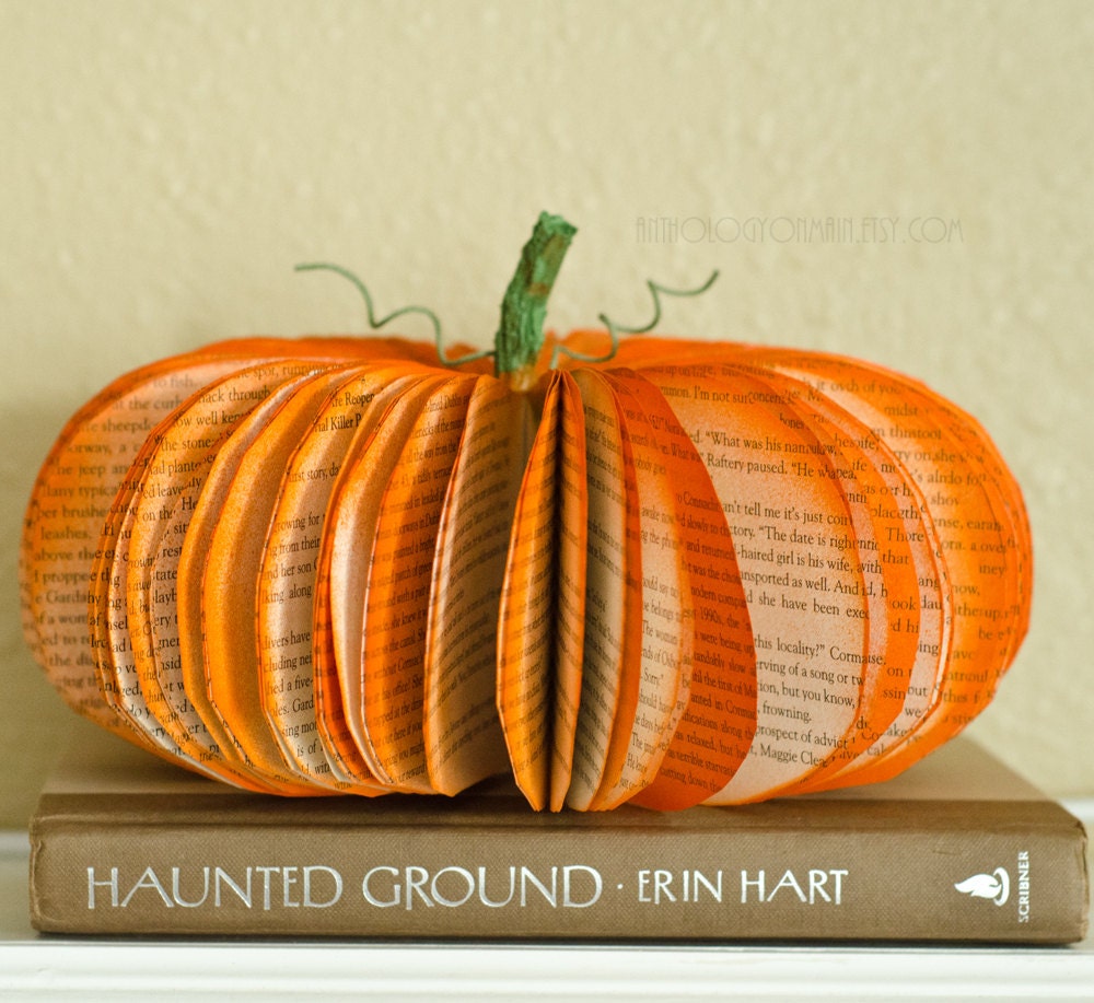 Medium Thanksgiving Pumpkin Decoration - Orange Fall and Autumn Decor Upcycled from Old Books