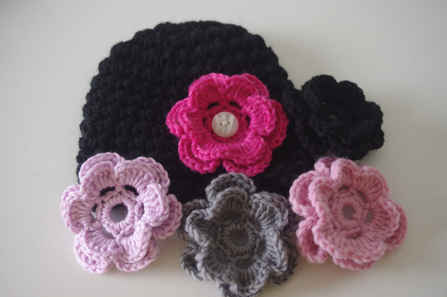 4 Different Flower Options Girl/Baby black  Hat - Made to Order - Also in Toddler, Girl Sizes