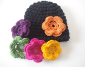 4 Different Flower Options Girl/Baby black   Hat - Made to Order - Also in Toddler, Girl Sizes