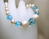 Turquoise blue crystal bracelet White pearl bracelet  24k gold vermeil beaded bracelet Feminine beaded jewelry