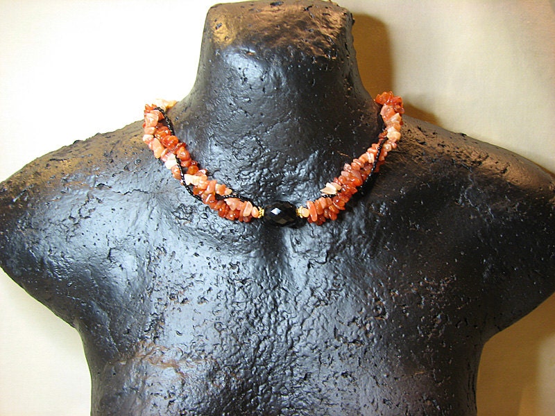 Multi strand statement necklace Black onyx necklace Rust peach gemstone necklace Gemstone jewelry Multistrand beaded jewelry