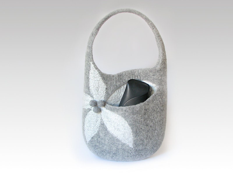 Felt bag, natural gray,  flower bag, medium sized bag