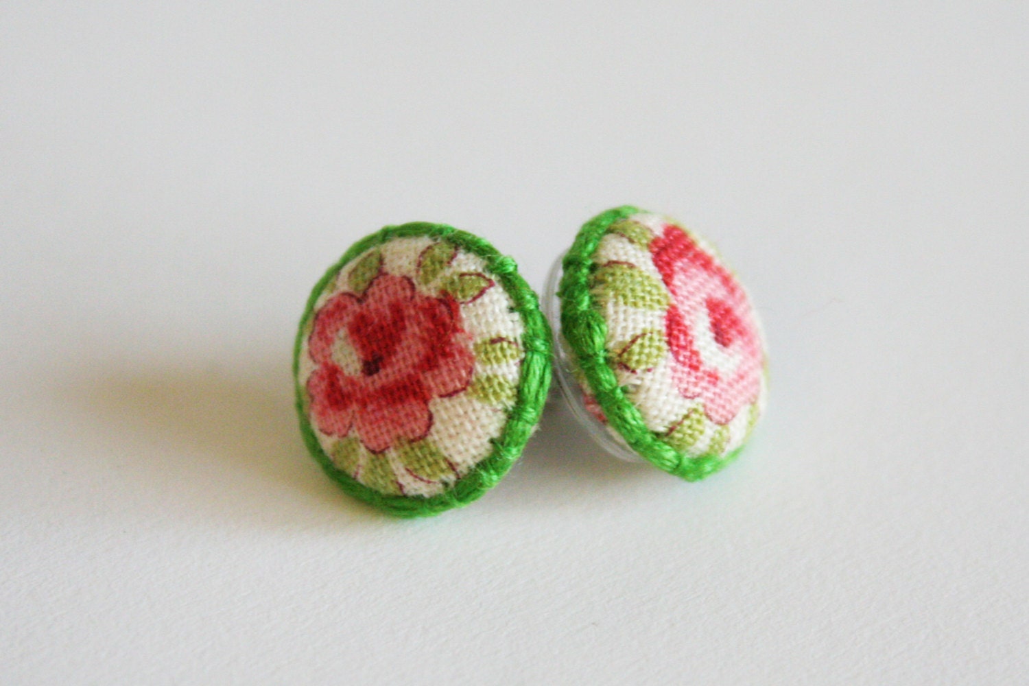 Cotton Bright Rose and Green Fabric Button Stud Earrings
