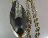 Fossil Necklace - Orthorceras Fossil dipped in 24k gold - Pyrite Long Wire Wrapped Chain - OOAK One of a KInd