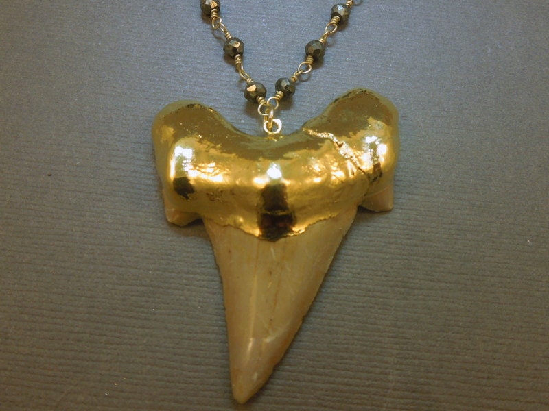 Shark Tooth Necklace -  Large Fossilized Shark Tooth Edged in 24k gold on a Long Pyrite Wire Wrapped Chain