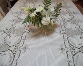 Vintage  wedding  Cream and taupe tan battenberg  embroidered battenburg cut work banquet madeira tablecloth victorian swags and florals