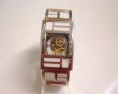STEAMPUNK  Vintage Cuff Geometric Silver and White Enamel Retro