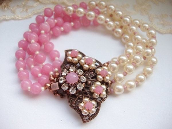 Pink Bracelet with Imitation Pearls Swarovski Rhinestone Vintage Japanese Beads Antique Copper Art Nouveau Style Pastel Color