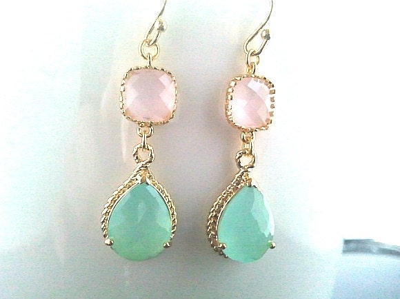 After the rain - Mint Aqua Blue with Ice pink Drop Earrings - mother's day gift -Drop ,Gemstone, Dangle, bridesmaid gifts,Wedding jewelry