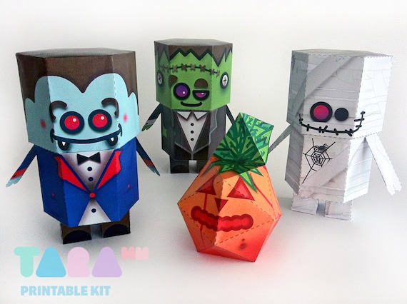 DIYHalloween Decoration, Set of 4 Printable Halloween Monsters, TaraMonsters,  DIY Paper Toy, Art Toy, Vampire, Frankenstein, Pumpkin, Mummy