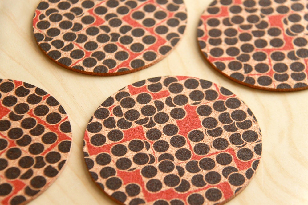 ON SALE: Printed Cork Coasters - Set of 4 Polka Dot Coasters - Housewarming / Hostess Gift - Colorful Coasters