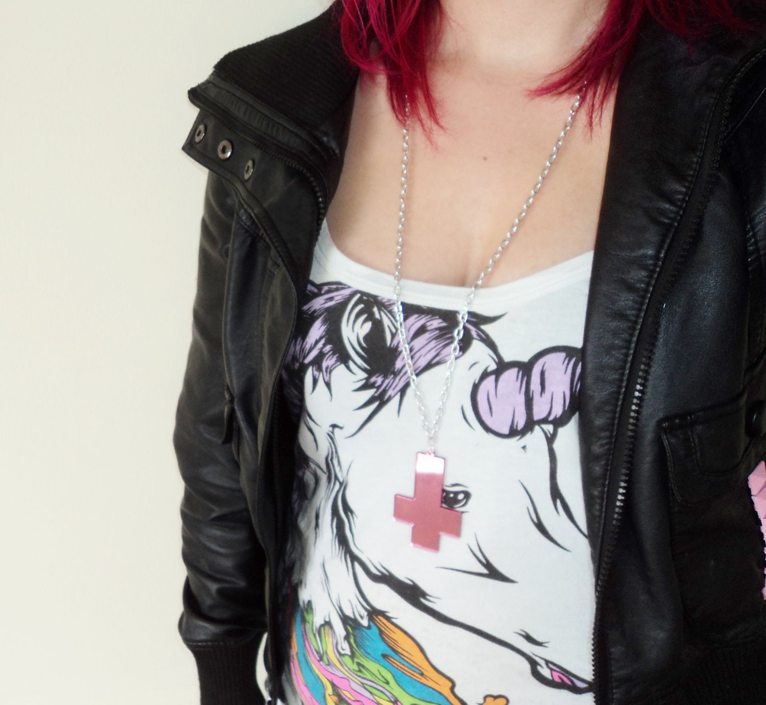 Inverted Cross Necklace Pink Mirrored Acrylic Grunge accessory