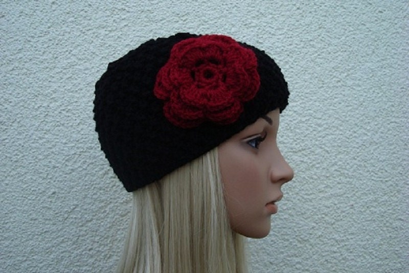 Hand Knit Black Beanie Hat- Women Beanie With Flower-Girls Beanie With Flower- Hand Knitted,
