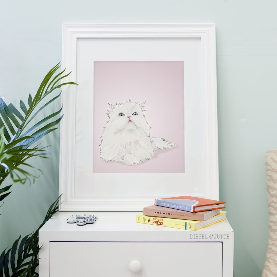 White Persian Cat on Pink - Illustrated Print - 8 x 10 Archival Matte