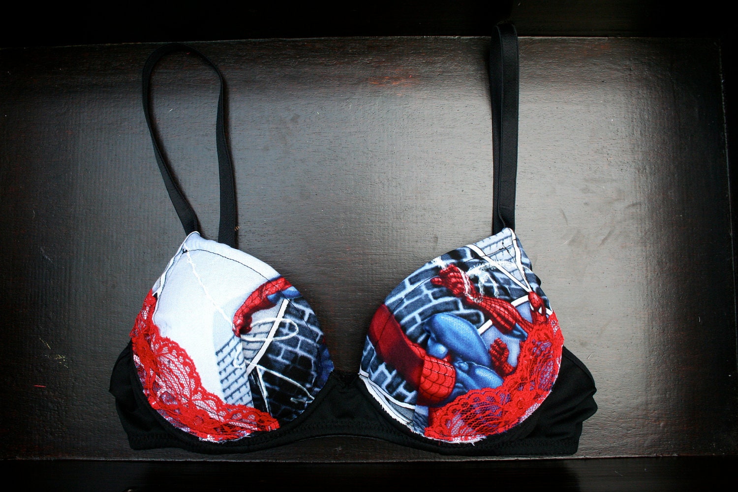 THE AMAZING SPIDERBRA: Black Bra with Spiderman Comics Fabric and Red Lace
