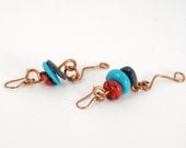Womens Earrings with Playful Waterfall Links and Turquoise, Red, and Stone Colored Beads 1392