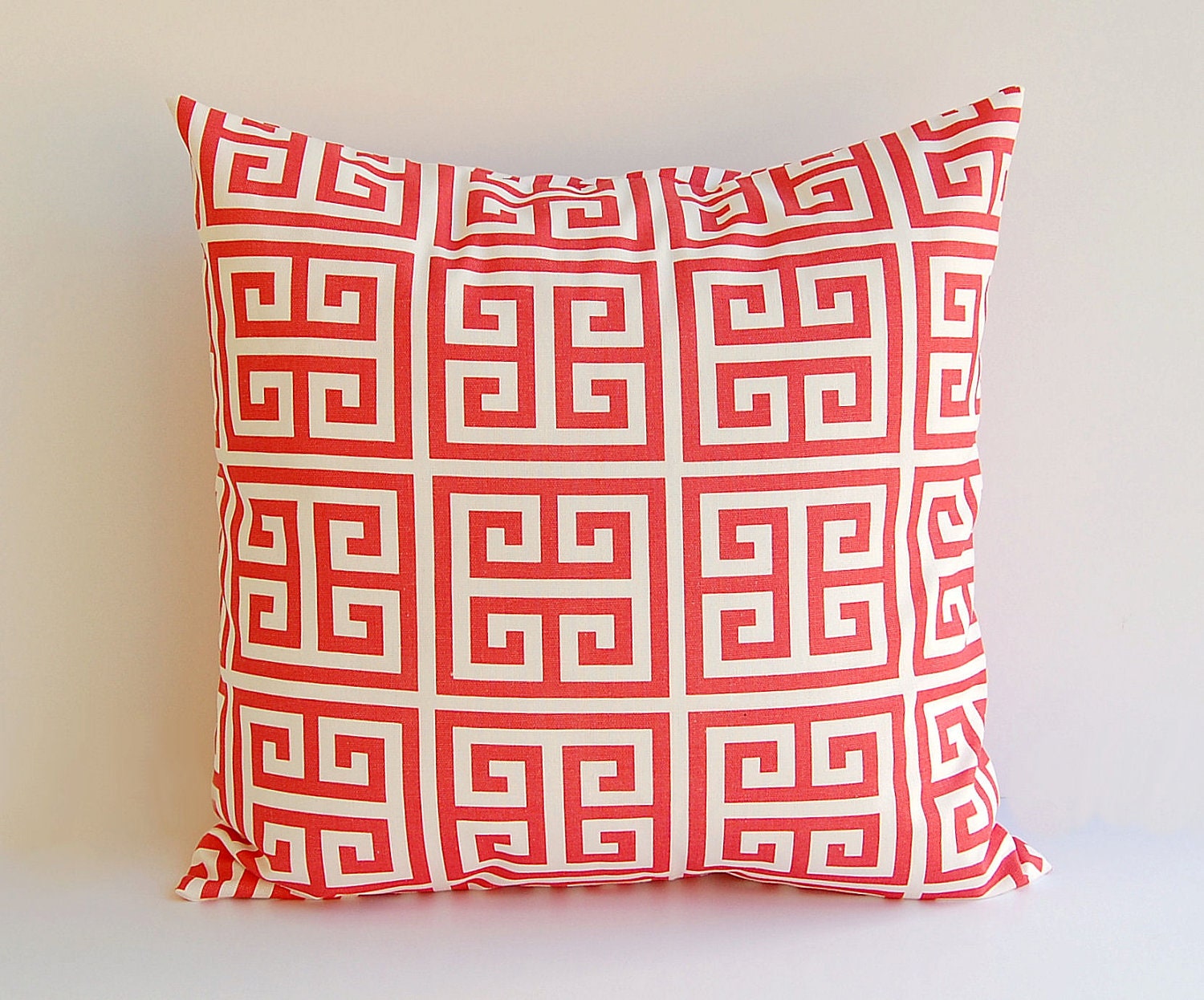 Coral throw pillow cover One 18" x 18" coral and white greek key pillow cushion cover