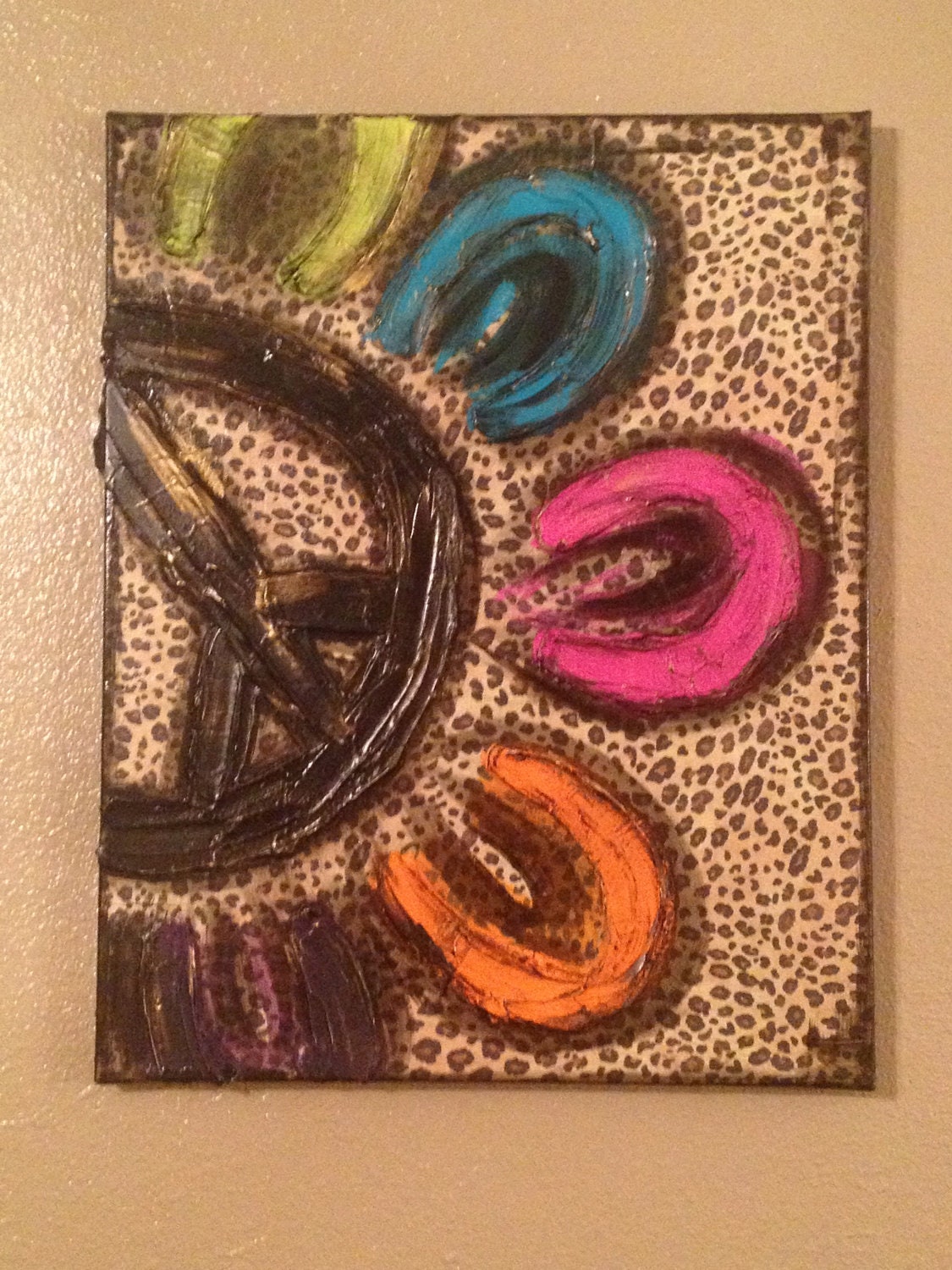 Leopard Print Multi-Colored Peace Sign Flower Textured Canvas