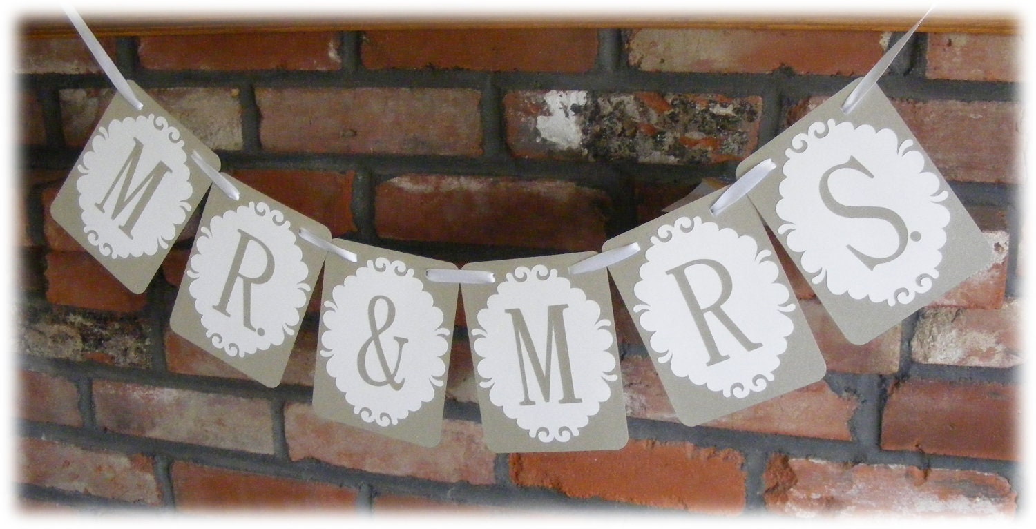 MR & MRS Victorian Wedding Banner  Garland or photo prop in sliver and white