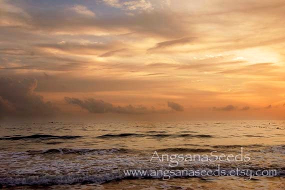 Golden Sea Sunset Photo, Beach, 8"x12" photo, yellow, blue sky, wall decor, Resort, ocean, wave, orange, gift under 30