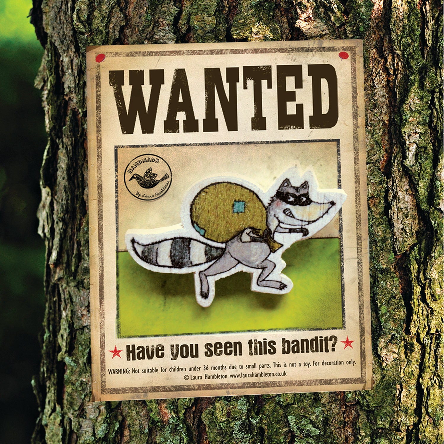 Wanted raccoon brooch