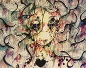 Dark illustration portrait art, Warm colored watercolor dark olive and maroon abstract artwork on stratemore paper signed on the back.