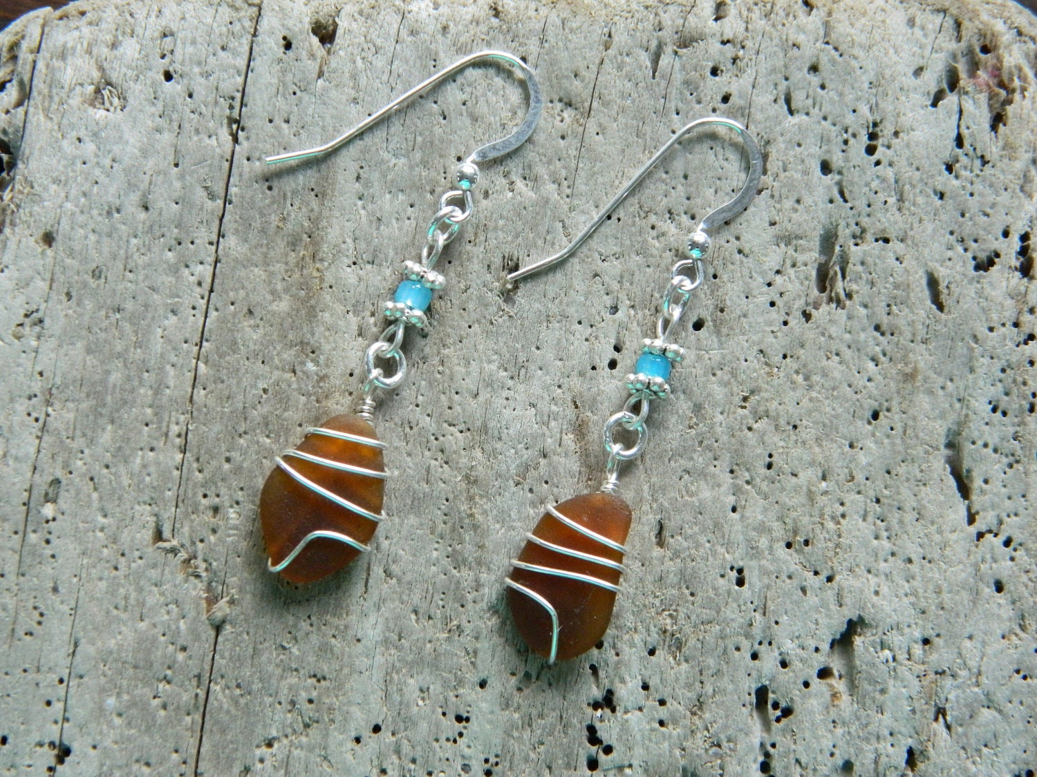 Brown Seaglass Earrings Wrapped in Sterling Silver