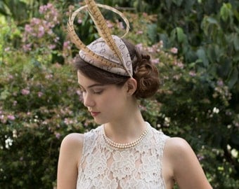 Beige Felt Statement Derby Cocktail Hat with Curled Pheasant Feathers  Avant Garde Couture Millinery