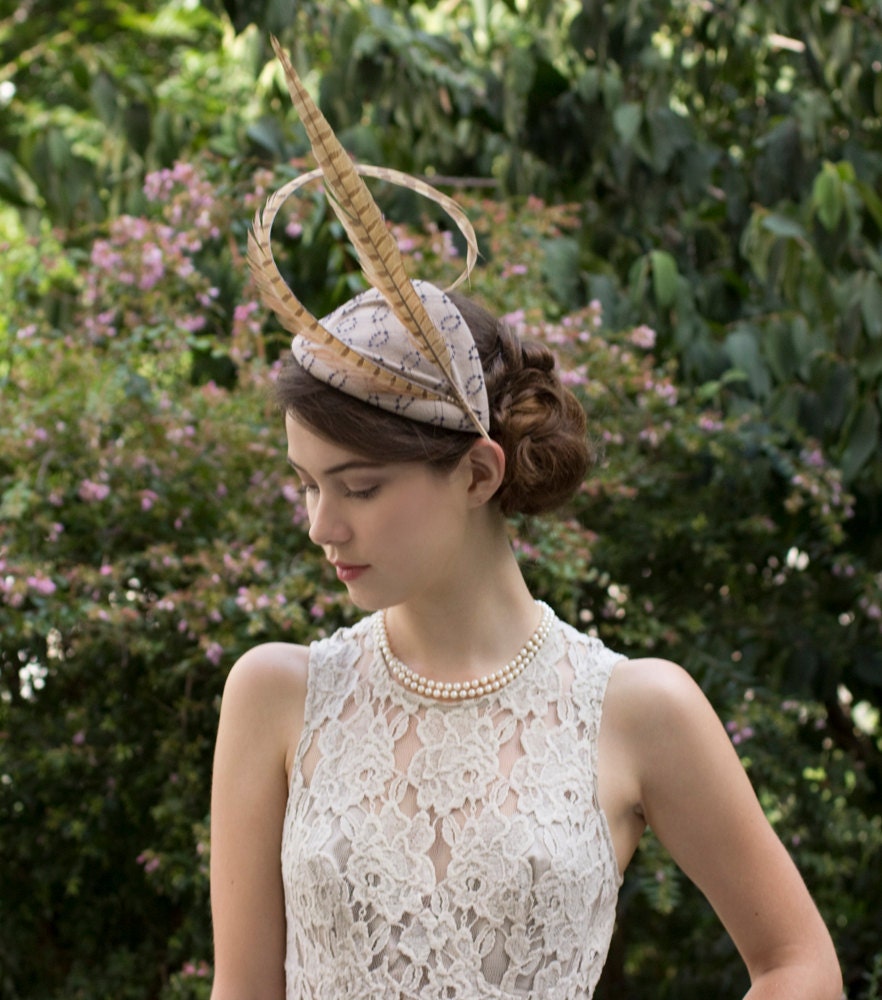 Beige Felt Statement Derby Cocktail Hat with Curled Pheasant Feathers Avant Garde Couture Millinery