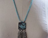 Necklace w Antique Turquoise Tibetan Pendant w Silver Bells and Turquoise "Sleeping Beauty" Beads