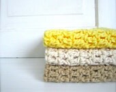 Crochet 100% Cotton Washcloths Dishcloths, Facecloths Set of 3, Natural Cream, Summer Yellow, Mocha Tan