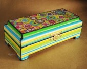 Neon striped green yellow blue wooden box for jewelry in vintage style, red, fresh, school  - ready to ship