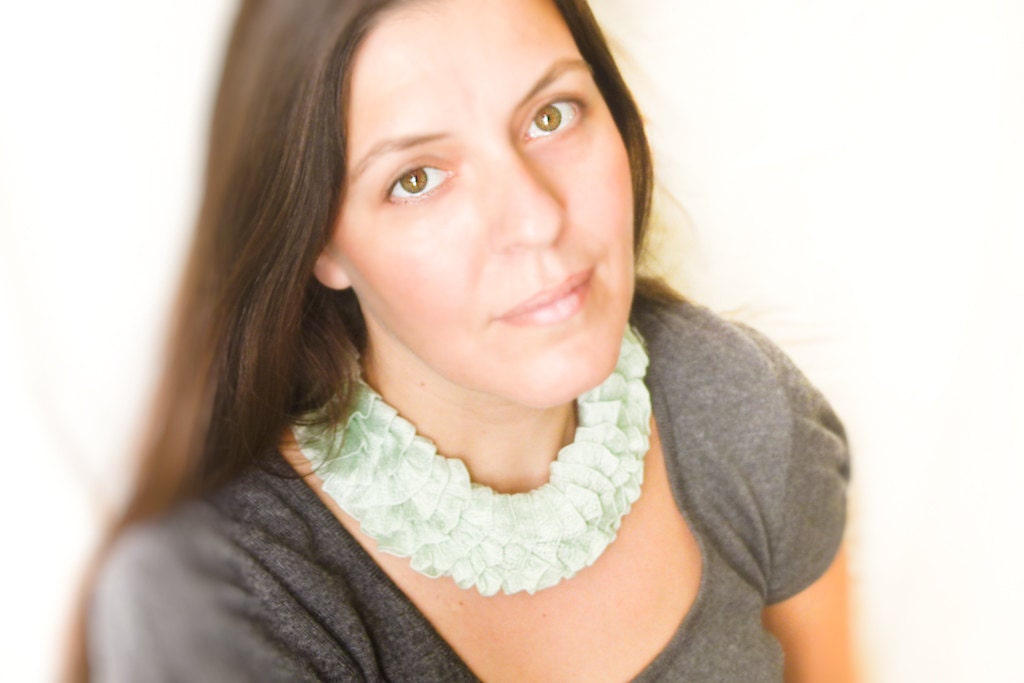 Mint green collar necklace. Boho chic scarf neck adornment . Ruffled hand knit choker  neck wear, corset.