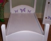 American Girl doll size bed white with purple butterfly design