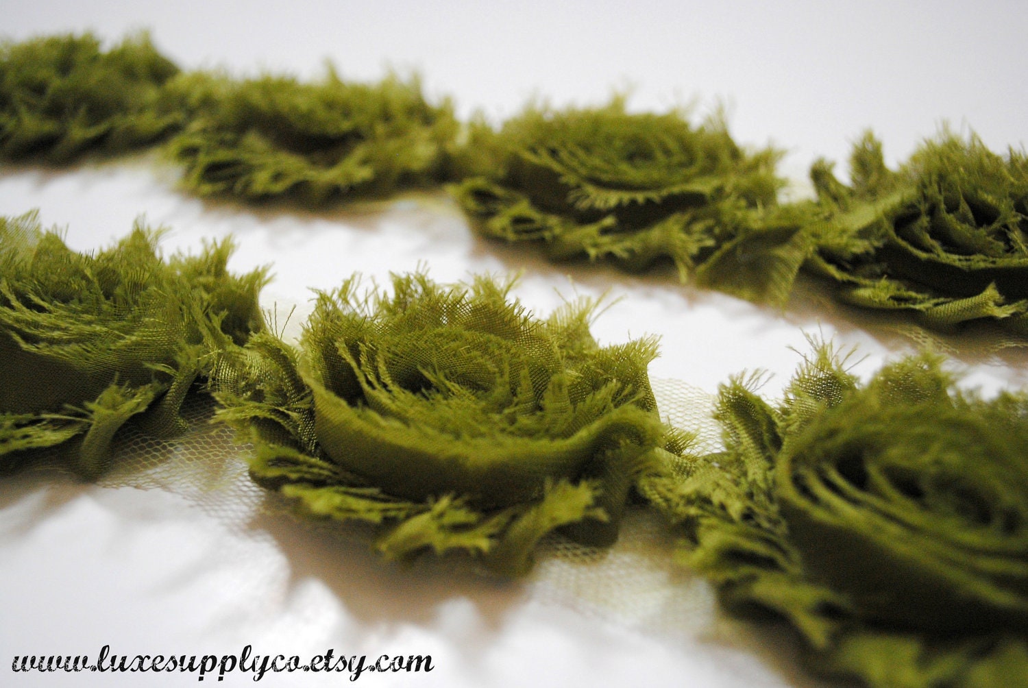 Chiffon Shabby Rose Trim - 1 YARD - OLIVE GREEN